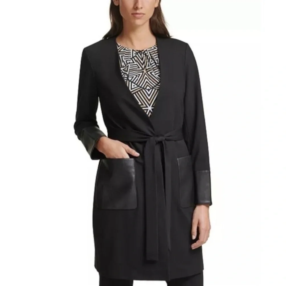 Calvin Klein Women's Faux Leather Trim Belted Cardigan Black Size 4